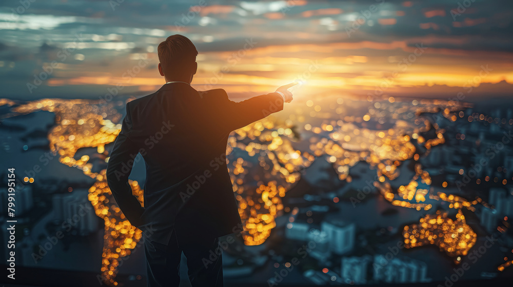 A man in a suit is pointing at a city skyline at sunset. Concept of ...