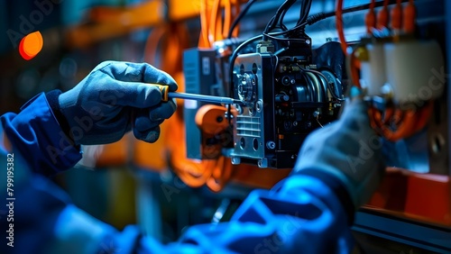 Technician using screwdriver to assemble and test motor for automatic gate. Concept Technician, Screwdriver, Motor, Automatic Gate, Assembly, Testing