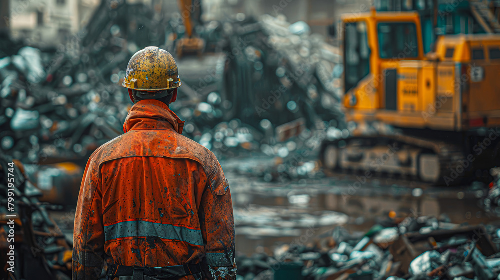 A man in a red jacket stands in front of a large yellow machine. The scene is chaotic and messy, with debris and rubble all around. The man is a worker, possibly a construction worker