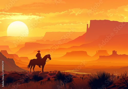 Western landscape with silhouette of a lonely cowboy riding a horse in beautiful midwest scenery --ar 16:11 Job ID: 04b7fc39-cc5b-419f-986d-cf2785a4b9bb