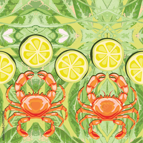 Vector, seamless pattern of green fresh salad, sour lemon and crab gifted by the sea.