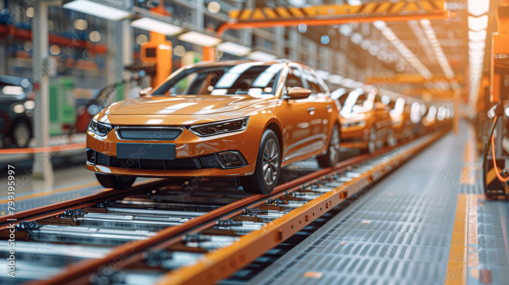 A row of orange cars are on a conveyor belt in a factory. The cars are being manufactured and are in various stages of completion