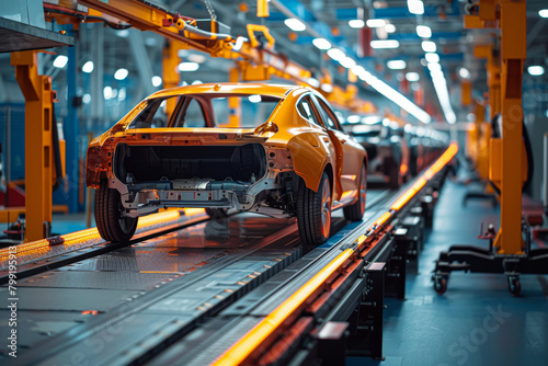A car is being built in a factory. The car is yellow and is on a conveyor belt