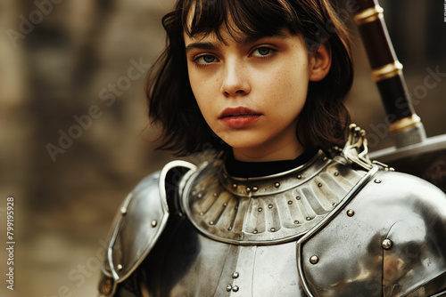 Young woman as Joan of Arc wearing a knight plate armor and short bobbed hair