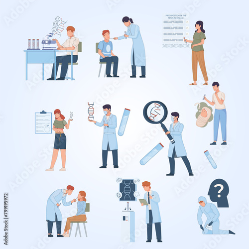 Genetic test people flat set of isolated icons with doodle human characters of scientists with dna vector illustration