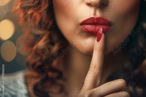 Close up of Woman putting her finger in front of her mouth, asking silence photo