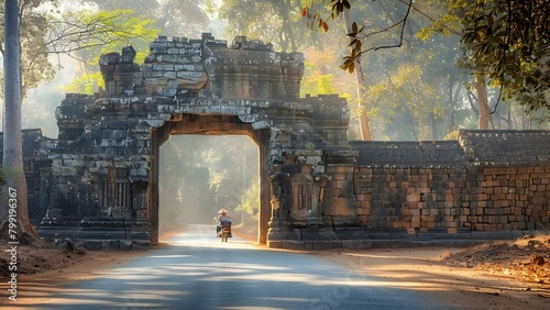 Exploring Angkor Thom in Cambodia: Tuk Tuk Enters through the North Gate. Concept Travel, Cambodia, Angkor Thom, Tuk Tuk, North Gate photo