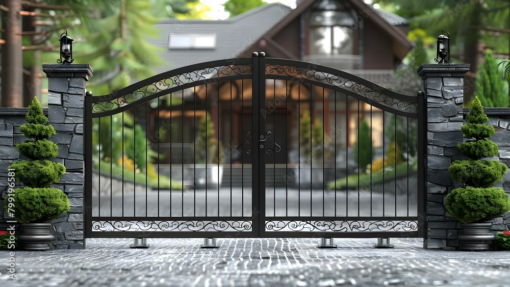New metal gate rollers on wrought iron driveway gate of residential house. Concept Home Improvement, Driveway Gate, Metal Gate Rollers, Wrought Iron, Residential House