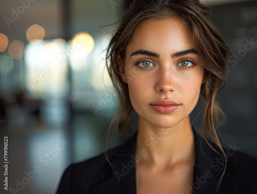 Wallpaper Mural A woman with green eyes and a light brown hair is standing in front of a wall. She is wearing a black jacket and a black dress Torontodigital.ca
