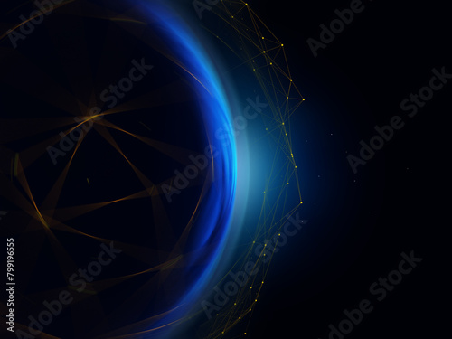 A blurred spherical object moves encased within an abstract virtual mesh. 3D Rendering