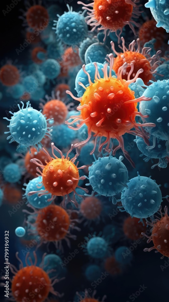 Fototapeta premium Spherical virus with blue and red hues