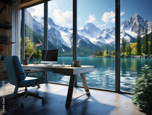 Majestic mountain range reflected in a crystalclear lake  offering a tranquil scene for a peaceful study room