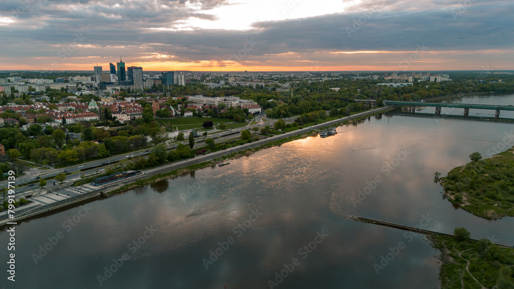 view of Warsaw from above the Vistula river in spring in Poland