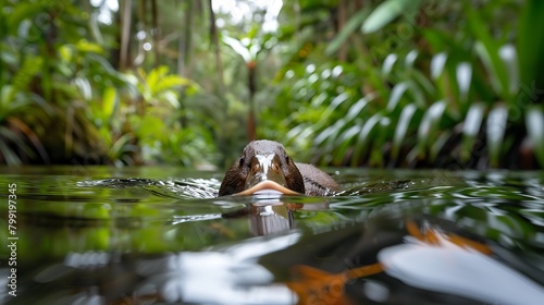 A curious platypus peeking out from the surface of a tranquil river in an Australian rainforest.