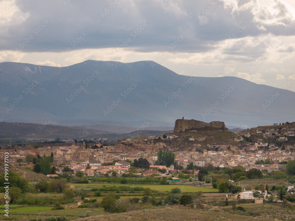 Panoramic view of Borja, Moncayo in the background. Province of Zaragoza