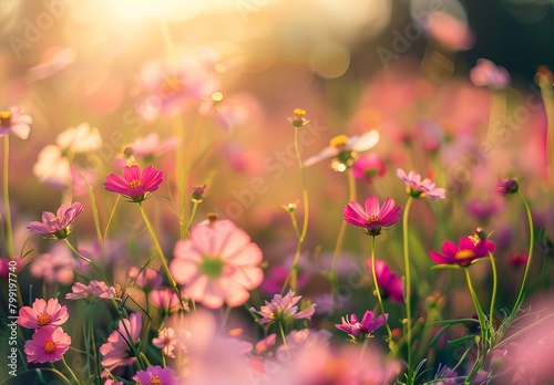 Morning Glow: Flowers Meadow Field Bathed in Sunlight, Close-Up Macro View © dr.rustem