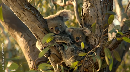 A family of koalas nestled closely together in the branches of an ancient eucalyptus tree. photo