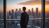 A young business man with short standing on a balcony overlooking a city skyline at sunset