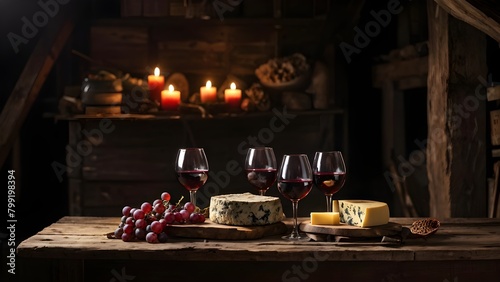 cellar wine tasting setup featuring rustic wooden table supporting several glasses of red wine