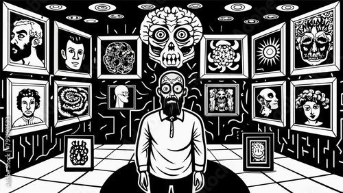 The intricate and detailed black and white ink drawings of a neurodivergent artist with OCD line the walls of the gallery each piece capturing a. Vector illustration