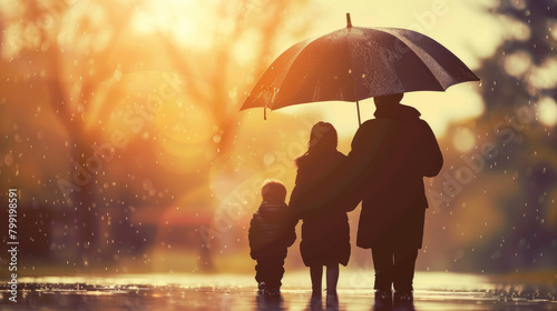 An umbrella provides a shield and protection for a family. It represents security  health insurance  and the idea of a secure home  health care  and car insurance.