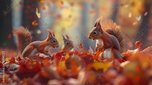 A family of red squirrels playfully chasing each other among the colorful autumn leaves of a dense forest. photo