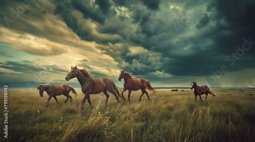A family of wild horses galloping freely across a wide open prairie under a dramatic sky. photo