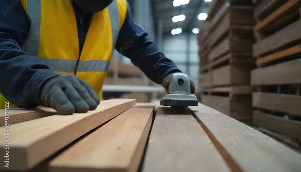 carpenter protective gloves and using a power tool to sand wooden planks in a warehouse