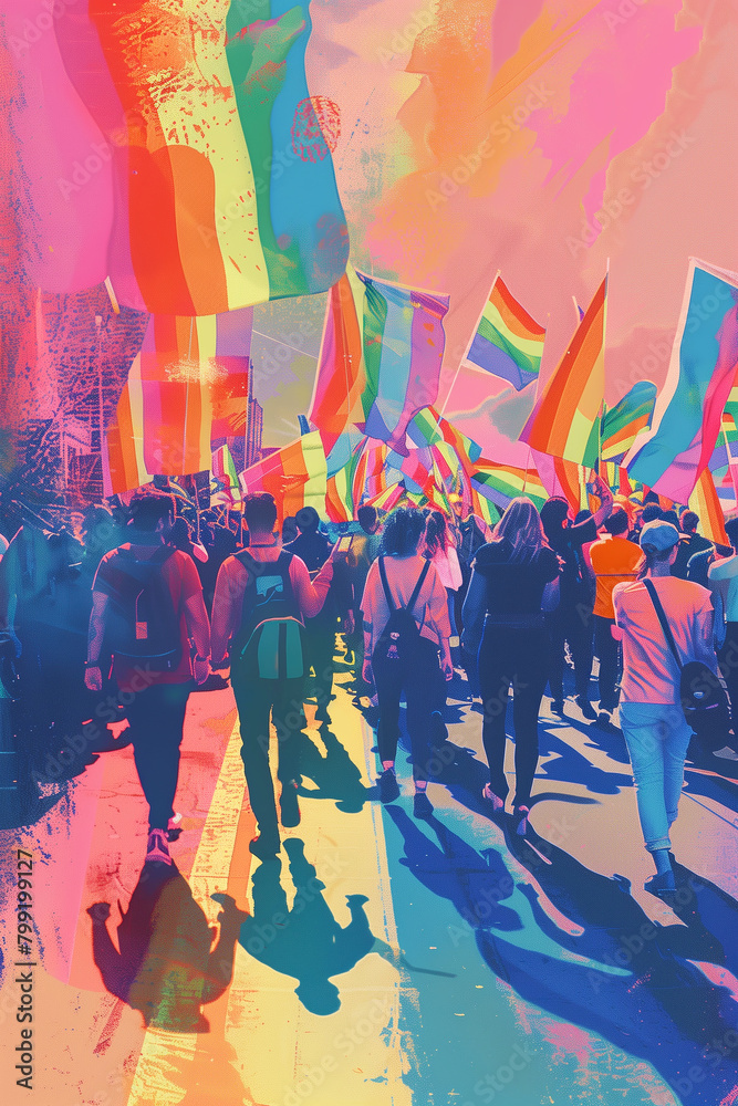 A crowd of people are holding rainbow flags and walking down a street A crowd of people are holding rainbow flags and walking down a street