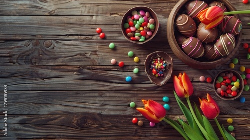 Festive Easter arrangement Overhead view of broken chocolate eggs filled with colorful candies alongside tulips on a wooden table with room for notes #799199134