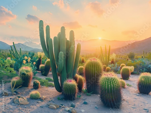 A desert scene with a large cactus in the foreground and many other cacti in the background