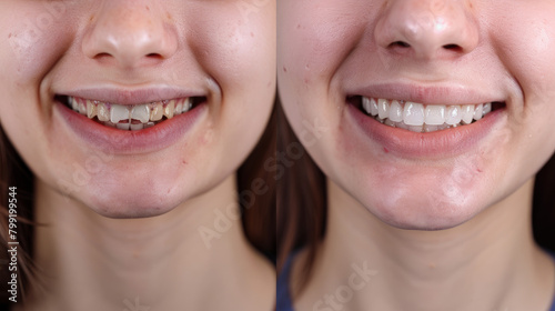 Before and after teeth straightening treatment using braces.