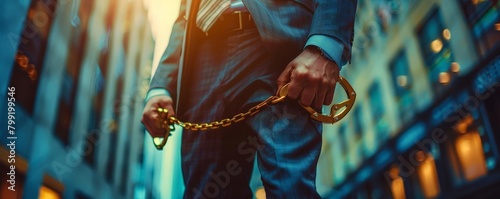 man in a tailored suit with golden handcuffs, amidst the hustle of a financial district, highresolution editorial photography style