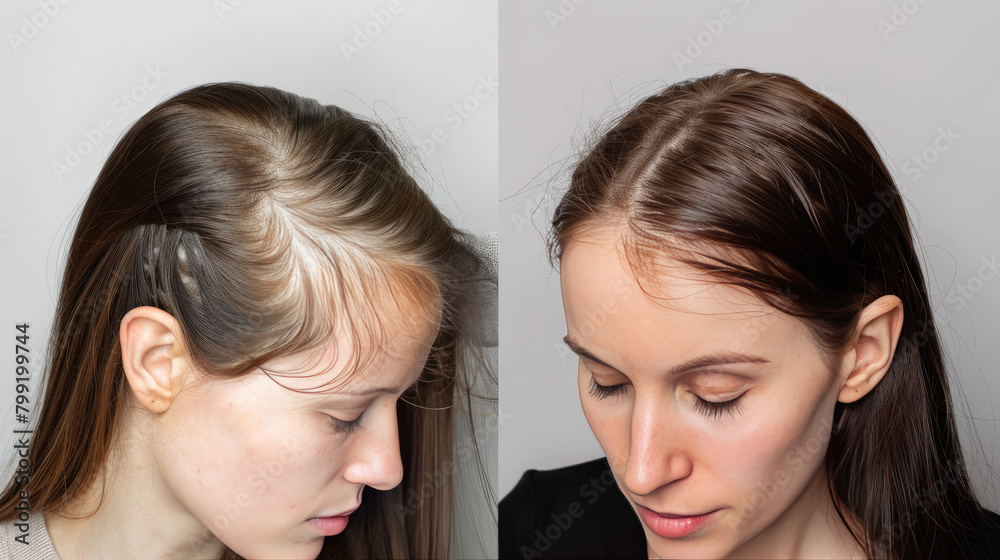 Before and after pictures of a woman show the dramatic results of hair loss treatment. Before and after pictures of a woman show the dramatic results of hair loss treatment.