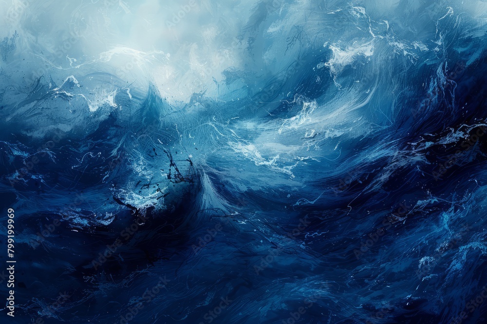 Artistic rendition of a stormy sea with deep blues and whites