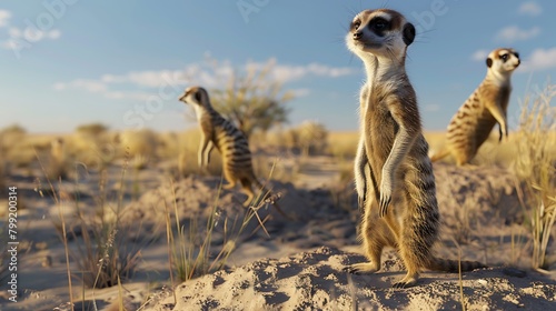 A group of meerkats standing upright, keeping watch over their burrowed home in the arid plains.