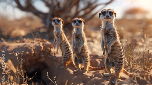 A group of meerkats standing upright, keeping watch over their burrowed home in the arid plains. photo