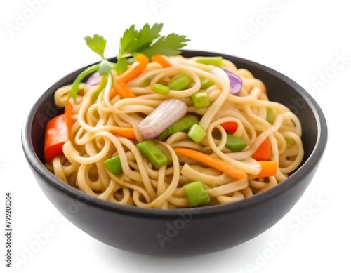 A bowl of stir-fried noodles with vegetables, including carrots, bell peppers, and green onions