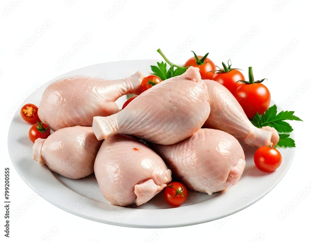 Raw chicken drumsticks and thighs on a white plate, accompanied by cherry tomatoes and green leaves