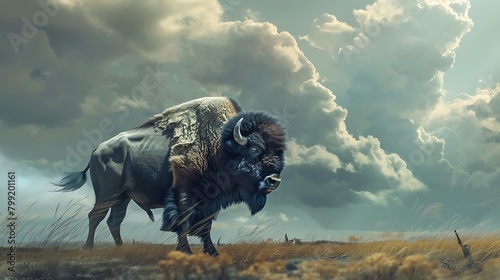 A majestic bison standing proudly on a windswept plain under a vast, dramatic sky.