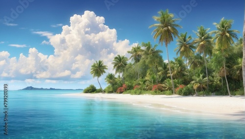 Beautiful tropical island vacation paradise with white sand, tall palm trees, 
