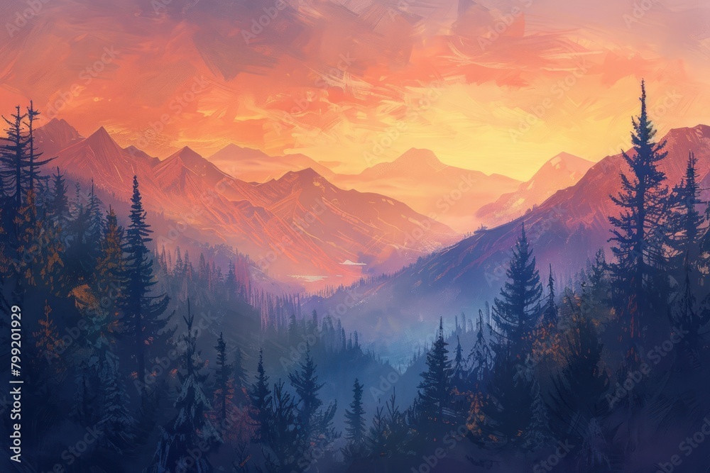 A painting of a mountain range with a blue sky. The painting has a serene and peaceful mood