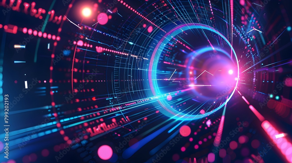 Fototapeta premium Abstract futuristic background with glowing lines and glow, forming an arch in the center of the composition on a dark blue background Vector illustration in the style of 