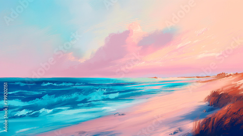 Illustration of a picturesque beach with sea waves © Irina Sharnina