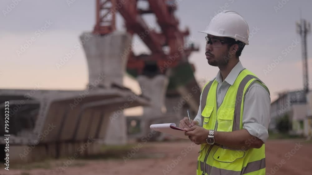 man in a yellow jacket is writing on a clipboard while standing in front of a bridge. Concept of work and productivity
man in a yellow jacket is writing on a clipboard while standing in front of a bridge. Concept of work and productivity