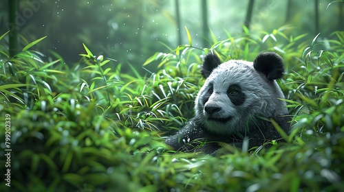 A rare sighting of a giant panda peacefully munching on bamboo shoots in a secluded forest clearing. photo