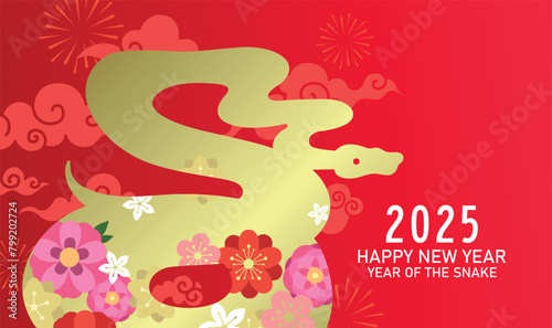 Lunar new year 2025 greeting card snake and flowers pattern. Chinese new year zodiac snake vector illustration.