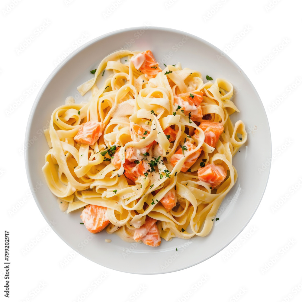 Delicious Plate of Fettuccine with Salmon Isolated on a Transparent Background Delicious Plate of Fettuccine with Salmon Isolated on a Transparent Background