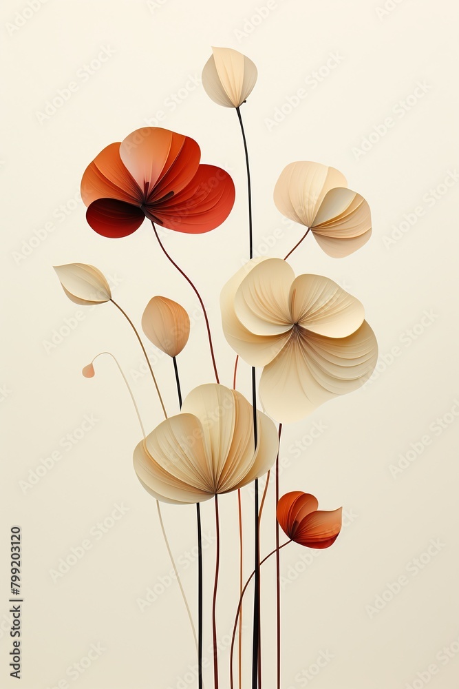Abstract petal and stem design, flat illustration, on ivory ,  simple line drawing