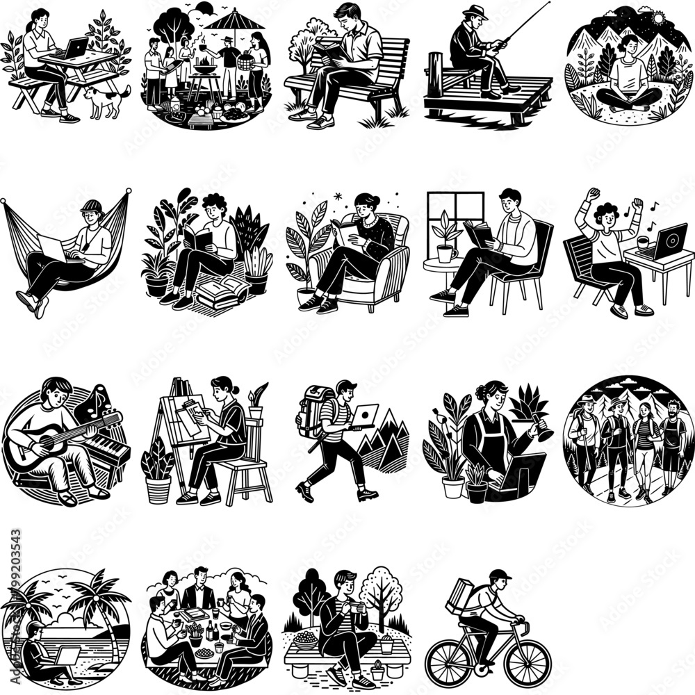 Assortment of vector drawings depicting various individuals engaged in hobbies and leisure activities in black and white. Assortment of vector drawings depicting various individuals engaged in hobbies and leisure activities in black and white.
